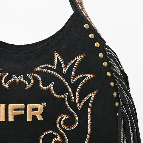 Official PRCA & NFR Licensed Collection® Black Suede Gold Embroidered Long Fringe Hobo Shoulder Bag