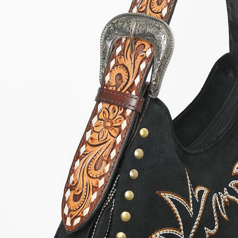 Official PRCA & NFR Licensed Collection® Black Suede Gold Embroidered Long Fringe Hobo Shoulder Bag