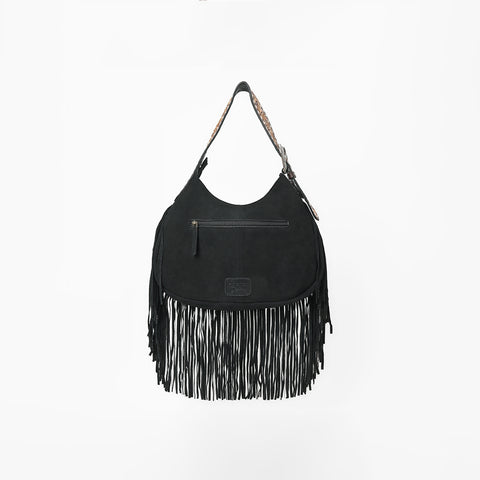 Official PRCA & NFR Licensed Collection® Black Suede Gold Embroidered Long Fringe Hobo Shoulder Bag