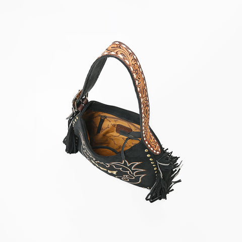 Official PRCA & NFR Licensed Collection® Black Suede Gold Embroidered Long Fringe Hobo Shoulder Bag