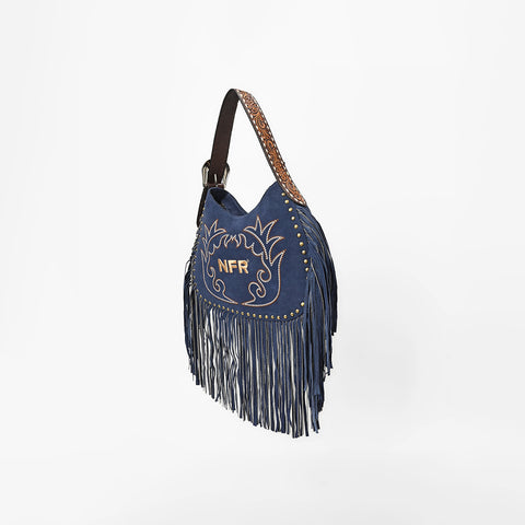 Official PRCA & NFR Licensed Collection® Blue Embroidered Western Stitch Long Fringe Shoulder Hobo Bag