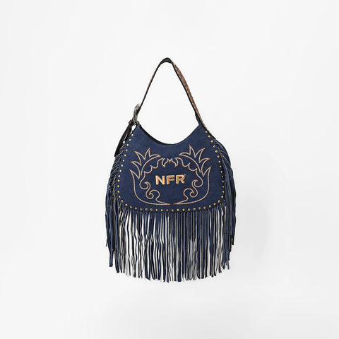 Official PRCA & NFR Licensed Collection® Blue Embroidered Western Stitch Long Fringe Shoulder Hobo Bag