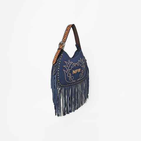 Official PRCA & NFR Licensed Collection® Blue Embroidered Western Stitch Long Fringe Shoulder Hobo Bag