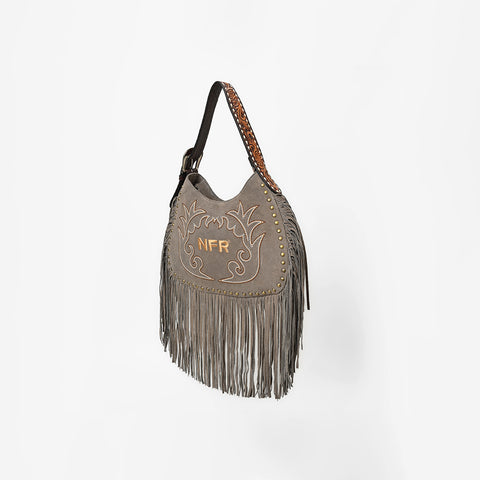 Official PRCA & NFR Licensed Collection® Grey Suede Metallic Gold Boot Stitch Long Fringe Hobo Shoulder Bag
