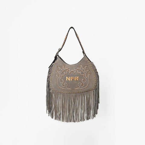 Official PRCA & NFR Licensed Collection® Grey Suede Metallic Gold Boot Stitch Long Fringe Hobo Shoulder Bag