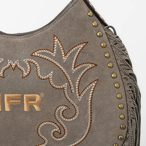 Official PRCA & NFR Licensed Collection® Grey Suede Metallic Gold Boot Stitch Long Fringe Hobo Shoulder Bag