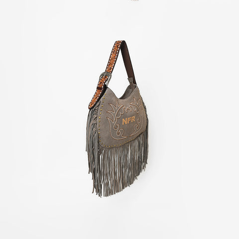 Official PRCA & NFR Licensed Collection® Grey Suede Metallic Gold Boot Stitch Long Fringe Hobo Shoulder Bag