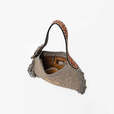 Official PRCA & NFR Licensed Collection® Grey Suede Metallic Gold Boot Stitch Long Fringe Hobo Shoulder Bag