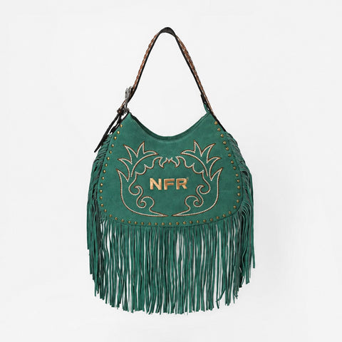 Official PRCA & NFR Licensed Collection® Premium Green Suede Western Fringe Crescent Hobo Shoulder Bag