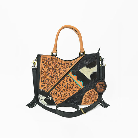 ADBGA983 American Darling Hand Tooled Harness Hair On Genuine Leather Fringe Tote Bag