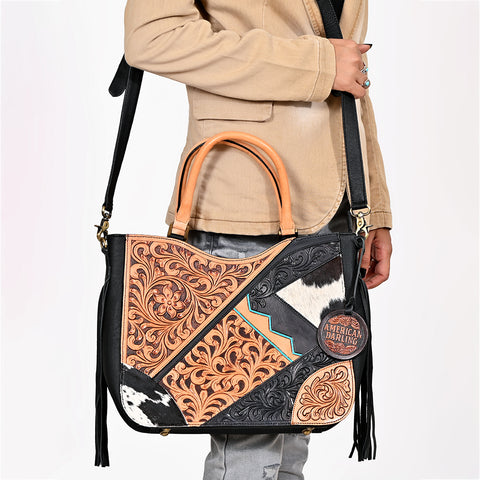 ADBGA983 American Darling Hand Tooled Harness Hair On Genuine Leather Fringe Tote Bag