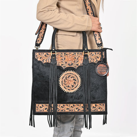 ADBGA984 American Darling Fringe Hairon & Harness Leather Tote