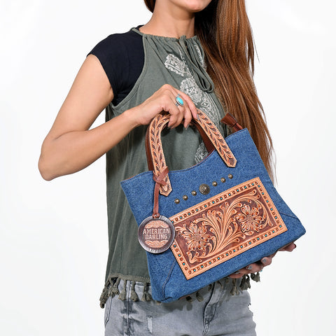 ADBGA988 American Darling Denim, Harness & Floral Tooled Leather Tote Handbag
