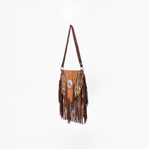 ADBGM477 Cowhide & Leather Western Fringe Messenger Bag - Western Concho Bag with Turquoise Accent