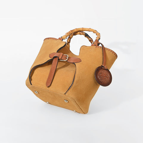 ADBGZ961 American Darling Genuine Leather Bamboo Handle Boho Bucket Bag