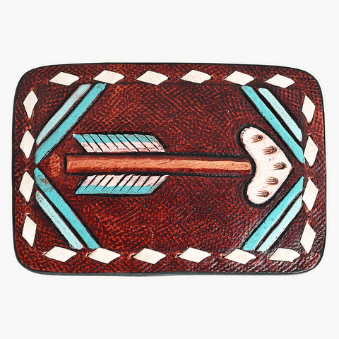 ADBLF104-BU Hand-Painted Arrow Tooled Leather Belt Buckle Rustic Red & Turquoise