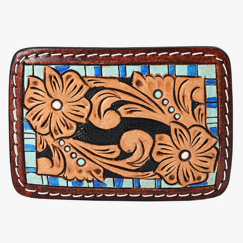 ADBLF108-BU Hand-Tooled Floral Leather Belt Buckle with Blue Mosaic Border