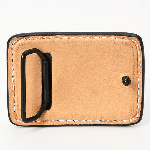 ADBLF127-BU Tooled Leather Belt Buckle - Heart & Flowers on Gray Leather
