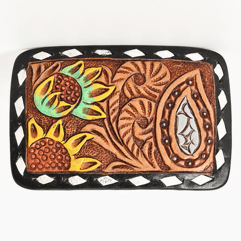 ADBLF130-BU Hand Tooled Leather Belt Buckle - Sunflower & Paisley Western Design