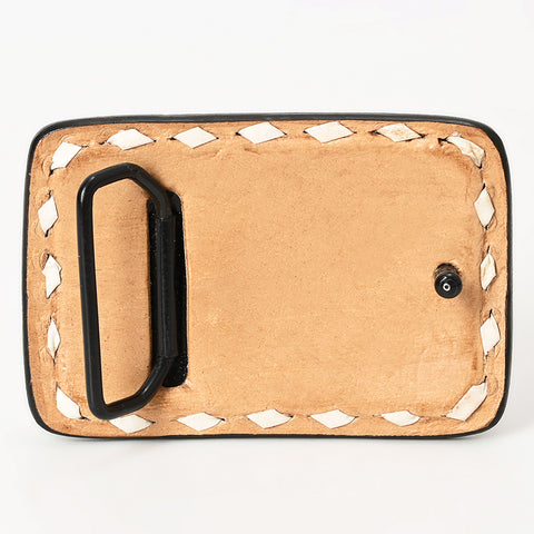 ADBLF135-BU Hand Tooled Leather Belt Buckle - Red Rose, Feather & Western Scroll with Diamond Border