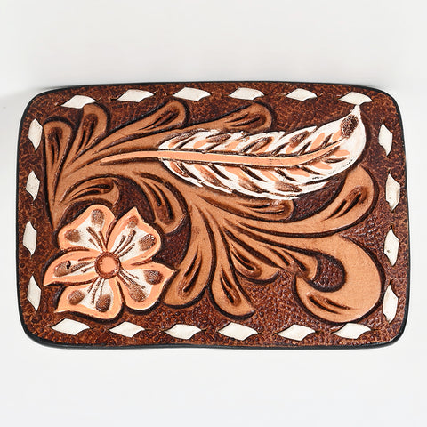 ADBLF136-BU Hand Tooled Leather Belt Buckle - Western Floral & Feather Design with White Diamond Border