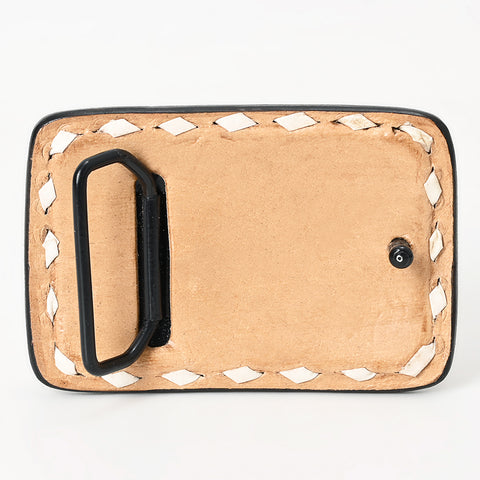 ADBLF136-BU Hand Tooled Leather Belt Buckle - Western Floral & Feather Design with White Diamond Border