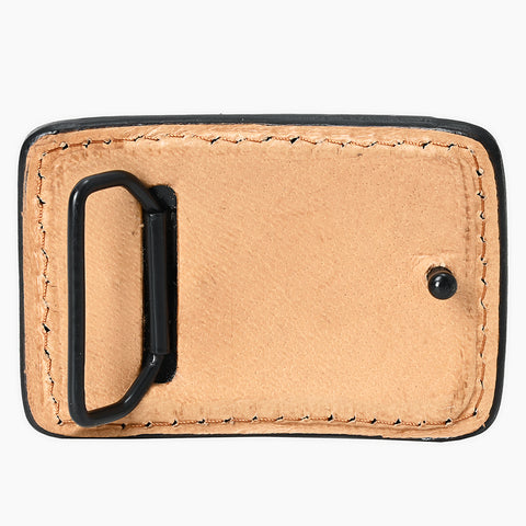 ADBLF138-BU Hand Tooled Leather Belt Buckle - White Flower & Scroll Design with Green Accents