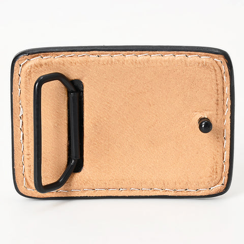 ADBLF148-BU Tooled Leather Belt Buckle - Rustic Floral Carving in Saddle Brown