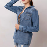 LC-ADSH025 Genuine Leather Hand Tooled Women 100% Cotton Denim Shirt Jacket Dress