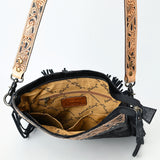 ADBG1580 Black Leather Fringe Crossbody Bag - Hand-Tooled Tan Strap & Yoke | Western Crossbody