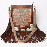 ADBG256 Tooled Leather & Cowhide Fringe Messenger Bag Western Boho Crossbody by American Darling