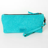 LC-ADBG344 Embossed Leather Wristlet Western Fringe Clutch with Tooled Floral Design