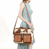 ADBG264 Hair on Hand Tooled Floral Western Tote Bag Genuine Embossed Cowhide Leather with Fringe and Adjustable Strap