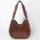 ADBG1720 Suede Hobo Bag with Hand Tooled Leather Strap & White Stitch Detailing