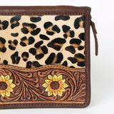 ADBGA323 Hair-On Cowhide & Tooled Leather Western Zip Jewelry Case Floral Edge Design