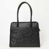 ADBGZ782A Structured Black Leather Tote Handbag - Hand-Tooled Floral Western Panel