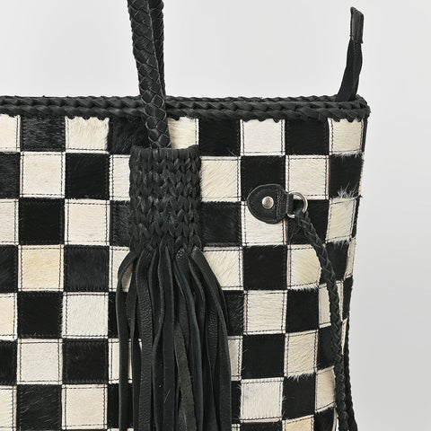 ADBGM738 American Darling Checkered Hair-on Leather Tote Bag with Fringe Trim