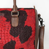 ADBG1562A Red & Brown Croc Embossed Leather Barrel Bag - Western Weekender Style