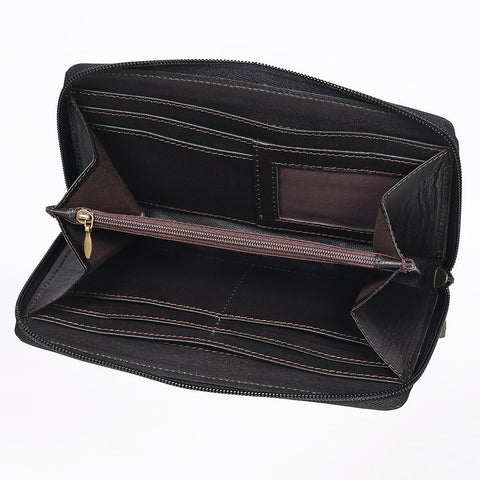 ADBGZ810A Black Hand-Tooled Leather Wallet - Western Floral Zip Wallet with Cream Contrast