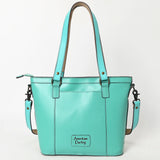 ADBGZ783 Hand-Tooled Turquoise Leather Tote Bag - Western Floral Design with Detachable Strap