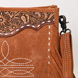 ADBG1651 Tan Suede Fringe Crossbody Bag with Tooled Leather Yoke & White Embroidery