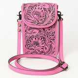 LC-ADBG1448C Pink Hand Tooled Leather Phone Crossbody Bag - Western Floral Vertical Pouch