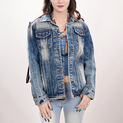 ADJKT005 American Darling Boho Denim Harness Jacket Floral Tooled Fringe