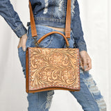 ADBG1487 Hand-Tooled Leather Briefcase Crossbody Bag - Floral Western Style