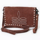 ADBG1717 Suede Leather Wallet Bag with White Western Stitch Embroidery