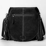 ADBGA713 Suede Western Fringe Crossbody Bag - White Stitch Design with Flap Closure
