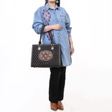 ADBGA735 Black Quilted Western Leather Tote Bag - Tooled Floral Medallion & Double Handles