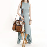 ADBG264 Hair on Hand Tooled Floral Western Tote Bag Genuine Embossed Cowhide Leather with Fringe and Adjustable Strap
