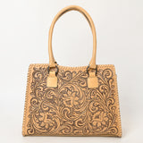 ADBGZ793 Hand-Tooled Western Leather Tote Bag - Floral Carving with Whipstitch Edges