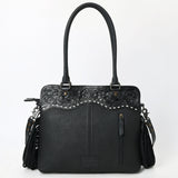 ADBG1501 Black Tooled Leather Tote Bag - Western Fringe & Floral Yoke Design